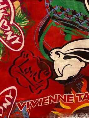 Vivienne Tam 2023 Year of the Rabbit Red Scarf with Multicolor Graphic Motifs